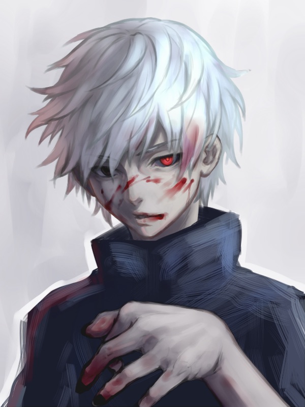 1boy, bite_addict, black_eyes, black_nails, blood, blood_on_face, bloody_hair, bloody_hands