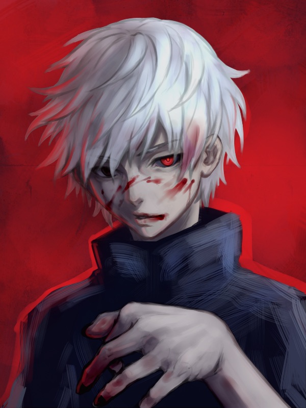 1boy, bite_addict, black_eyes, black_nails, blood, blood_on_face, bloody_hair, bloody_hands