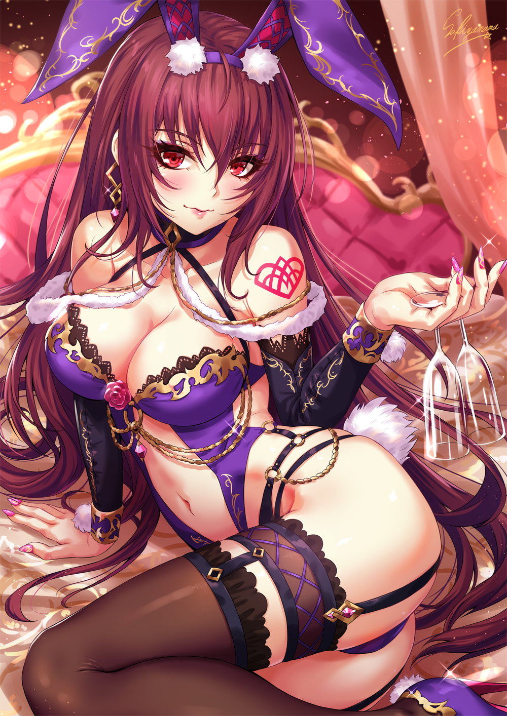 1girl, amethyst, animal_ears, arm_support, ass, bangs, bare_shoulders, bed