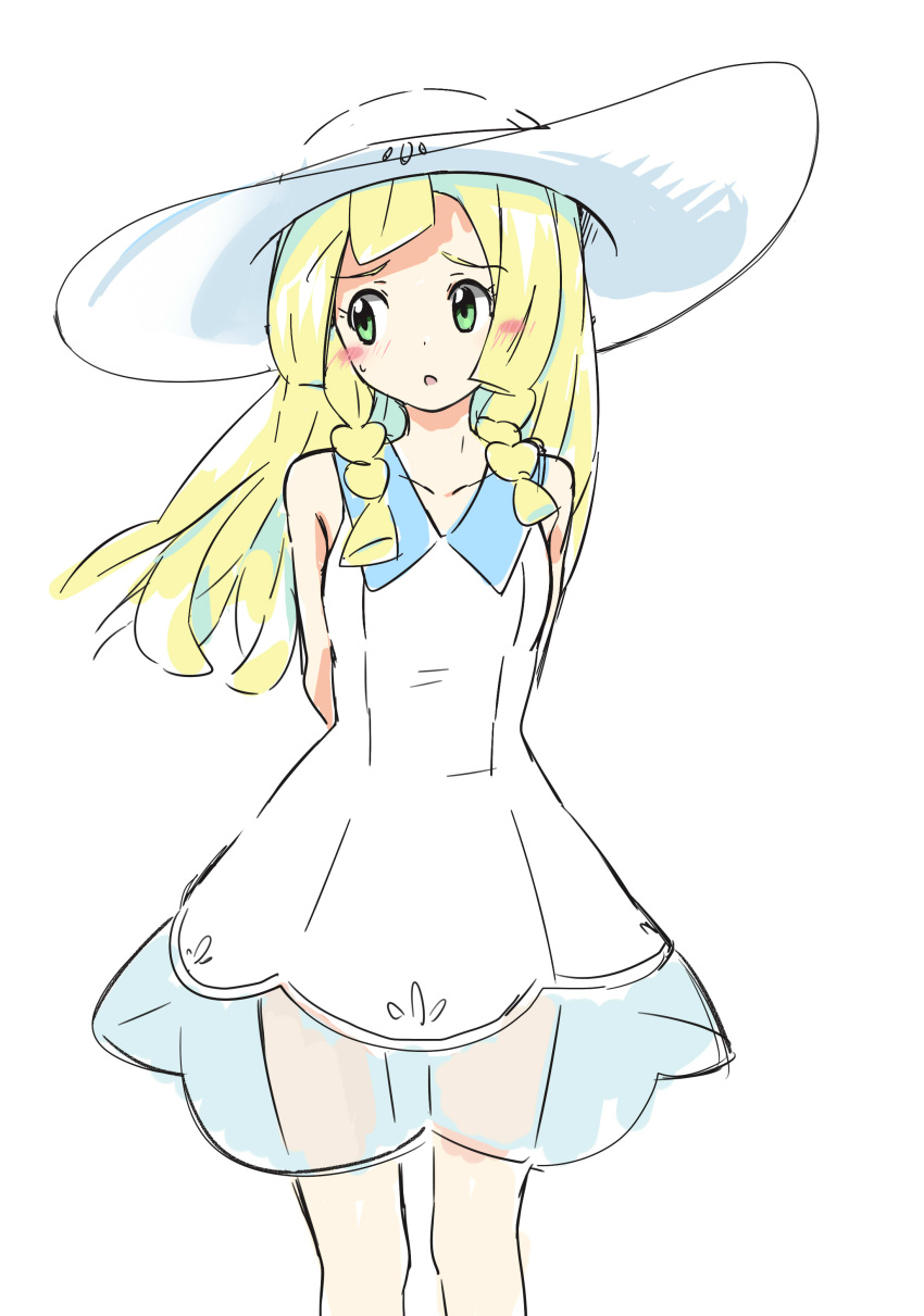 1girl, absurdres, arms_behind_back, blonde_hair, blush, braid, creatures_(company), dress