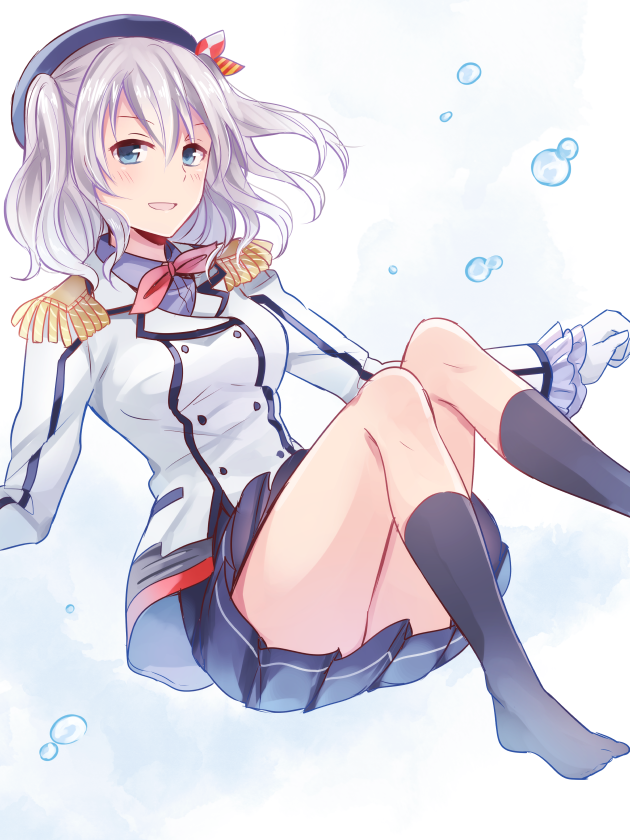 1girl, :d, black_legwear, blue_eyes, blue_hat, blush, bow, dress_shirt