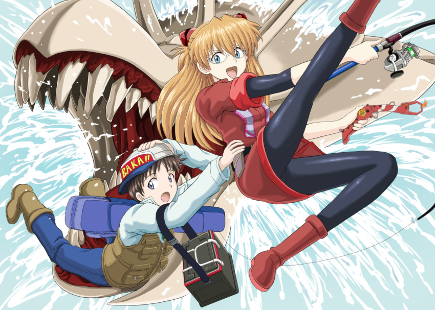 1boy, 1girl, :d, amai_yadoraki, black_legwear, blue_eyes, blue_pants, boots