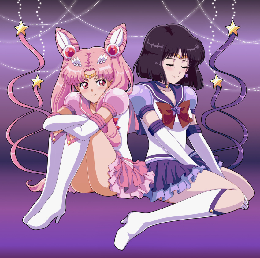 2girls, between_legs, bishoujo_senshi_sailor_moon, black_hair, boots, bow, bowtie, circlet
