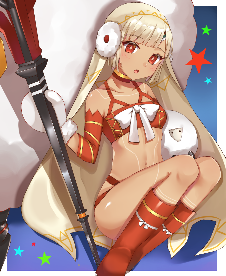 1girl, :o, altera_(fate), altera_the_santa, animal, armpit_crease, bandeau, bangs