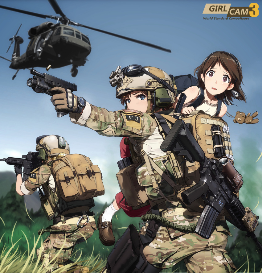 3girls, action, aircraft, ammunition, armor, assault_rifle, bag, blonde_hair