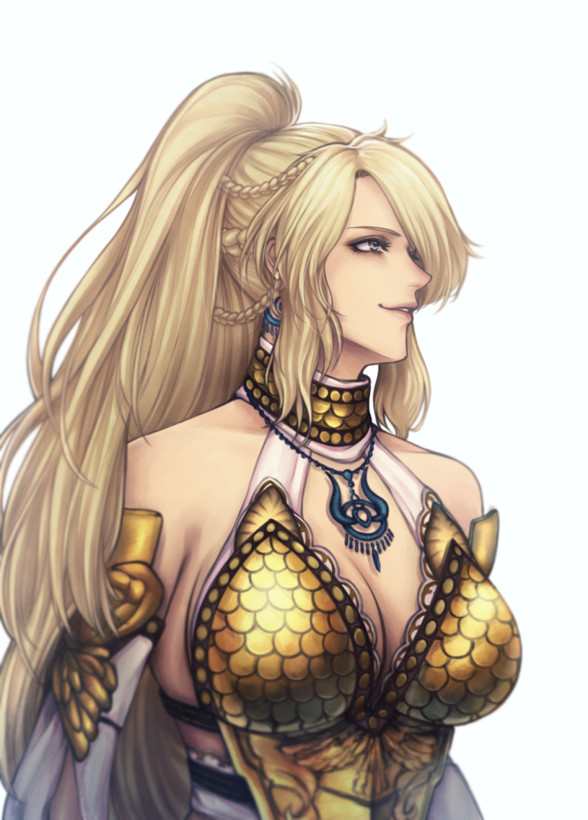 1girl, athena_(musou_orochi), bare_shoulders, blonde_hair, blue_eyes, braid, breasts, cleavage