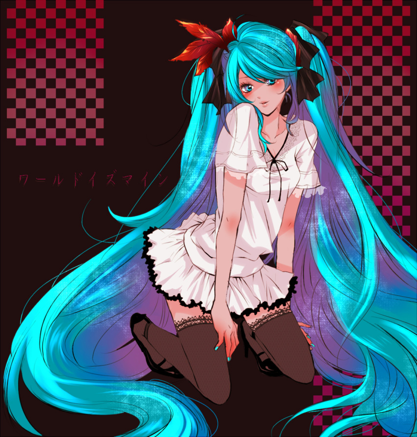 bad_id, blue_eyes, blue_hair, blush, deirn, dress, hatsune_miku, high_heels, highres, kiui, long_hair, shoes, thigh-highs, thighhighs, very_long_hair, vocaloid, world_is_mine_(vocaloid)