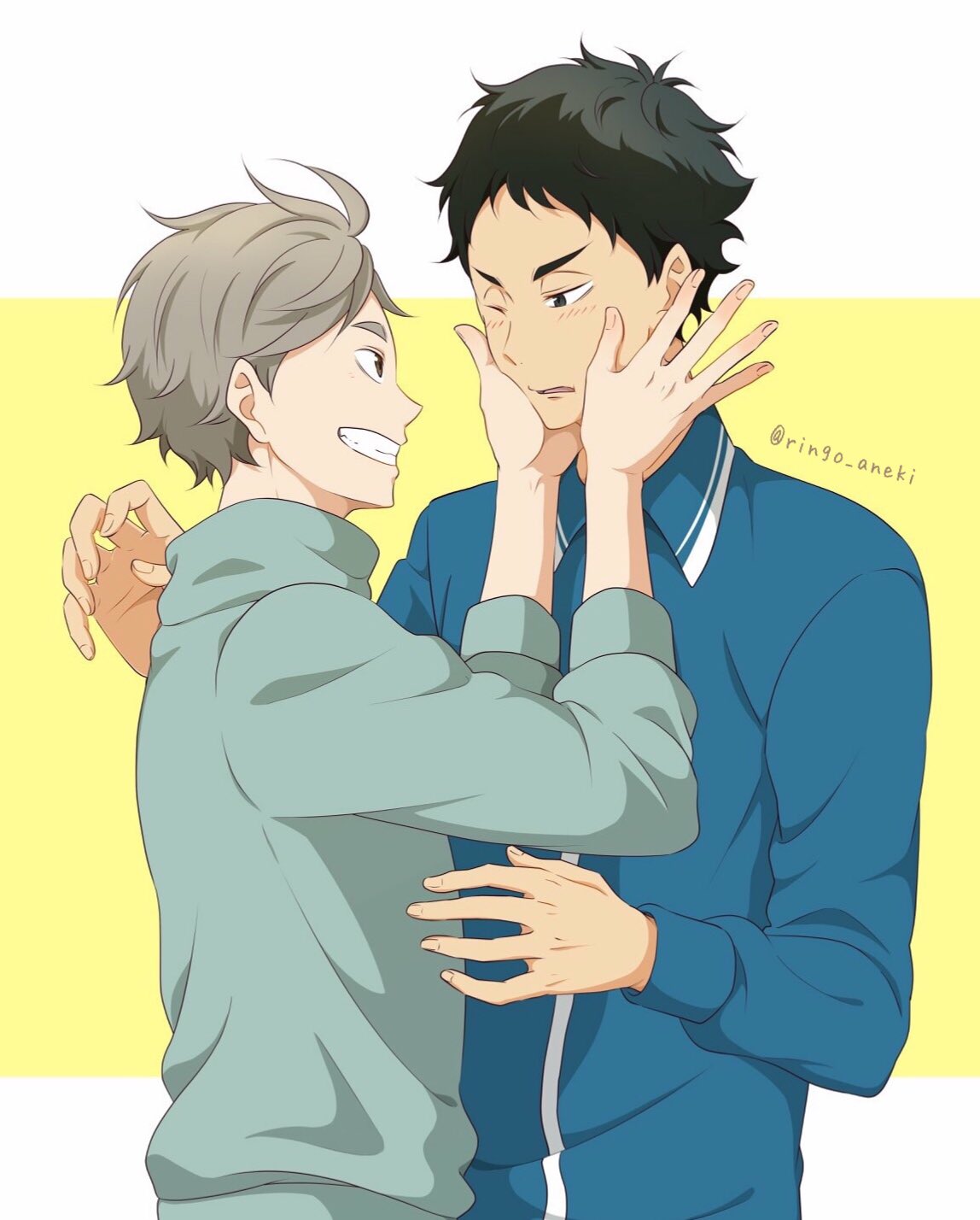 2boys, akaashi_keiji, black_hair, blue_shirt, blush, fingernails, grey_hair, grin, haikyuu!!, hands_on_another's_cheeks, hands_on_another's_face, highres, long_sleeves, looking_at_another, multiple_boys, one_eye_closed, parted_lips, ringo_aneki, shirt, smile, sugawara_koushi, twitter_username