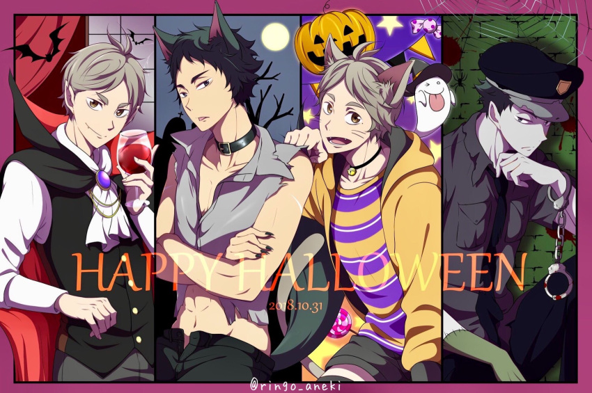 2boys, akaashi_keiji, animal_ears, bell, black_choker, black_hair, black_nails, blood, buttons, candy, cat_ears, cat_tail, choker, fang, food, grey_hair, haikyuu!!, halloween_costume, happy_halloween, hat, highres, jingle_bell, lollipop, long_sleeves, mole, mole_under_eye, moon, multiple_boys, nail_polish, navel, police, police_hat, police_uniform, pumpkin, ringo_aneki, smile, sugawara_koushi, tail, tongue, tongue_out, twitter_username, uniform, vampire_costume, wolf_ears, wolf_tail, yellow_eyes, zombie