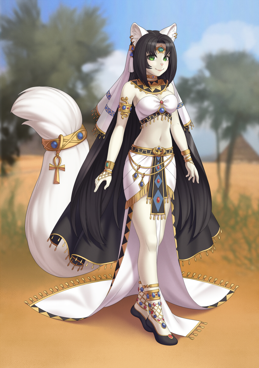 1girl, animal_ears, ankh, anklet, armlet, bandeau, bangs, belly_chain