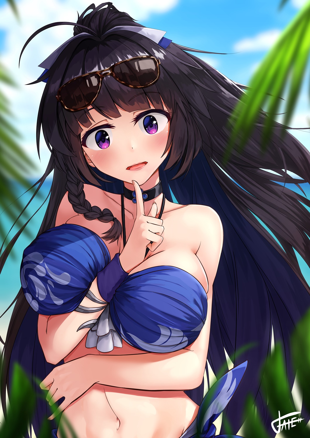 1girl, arm_across_waist, bangs, bare_shoulders, bikini, blue_bikini, blue_sky, blurry, blurry_background, blurry_foreground, blush, bow, braid, breasts, choker, cleavage, clouds, collarbone, day, depth_of_field, ekusufeito, eyewear_on_head, hair_ornament, halter_top, halterneck, hand_up, head_tilt, highres, honkai_impact, large_breasts, long_hair, looking_at_viewer, navel, outdoors, palm_tree, ponytail, purple_hair, raiden_mei, sarong, side_braid, sidelocks, signature, sky, smile, solo, stomach, sunglasses, swimsuit, tree, upper_body, very_long_hair, violet_eyes