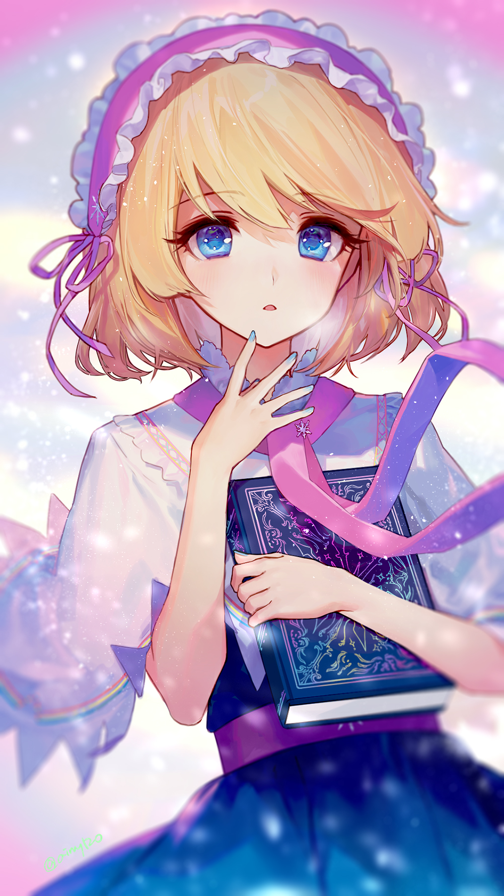 1girl, ainy77, alice_margatroid, bangs, blonde_hair, blue_dress, blue_eyes, blue_nails