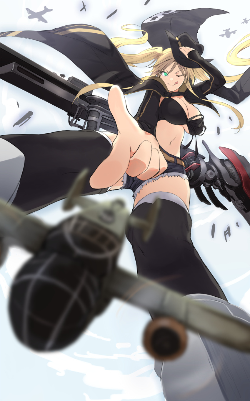 1girl, ;q, aircraft, airplane, azur_lane, b-25_mitchell, bangs, belt, bikini_top, black_bikini_top, black_shorts, blonde_hair, blurry, bomber, breasts, cape, cowboy_hat, cutoffs, depth_of_field, flight_deck, foreshortening, ganesagi, green_eyes, hat, highres, hornet_(azur_lane), large_breasts, long_hair, long_sleeves, machinery, midriff, military, military_vehicle, navel, one_eye_closed, over-kneehighs, short_shorts, shorts, shrug_(clothing), sidelocks, sleeves_past_wrists, smile, solo, stomach, thigh-highs, tongue, tongue_out, twintails, very_long_hair, white_legwear
