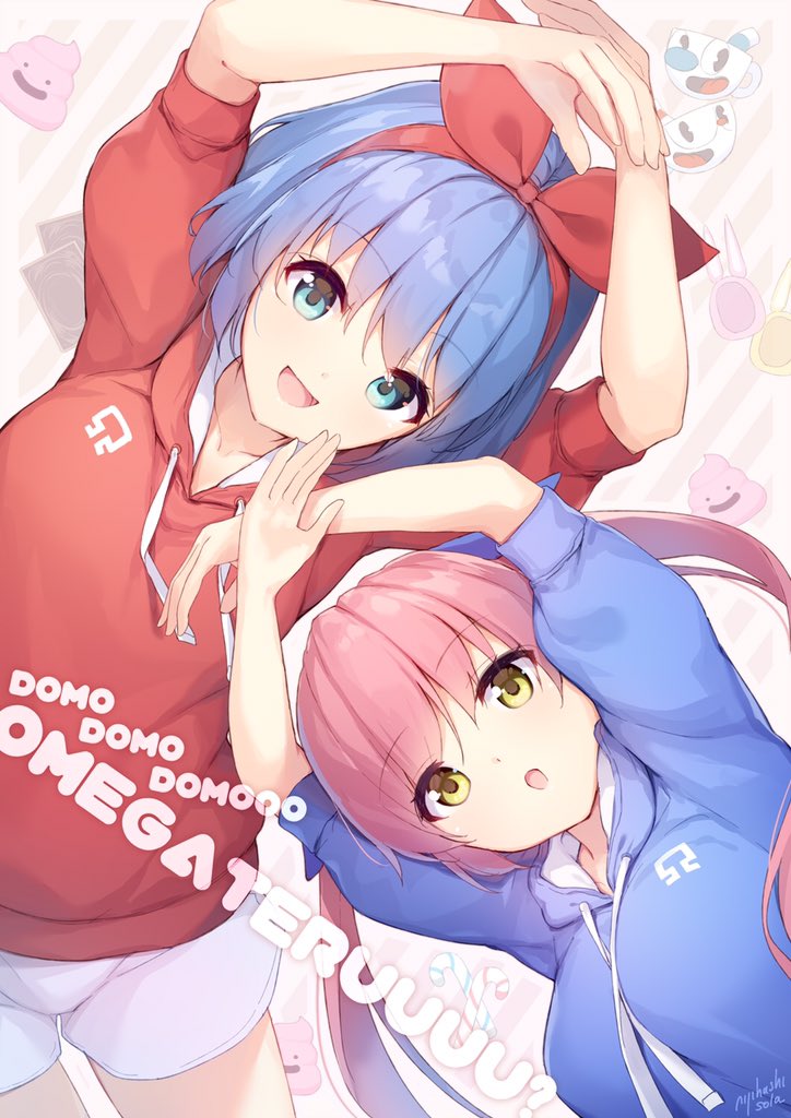 2girls, bangs, blue_bow, blue_eyes, blue_hair, bow, commentary_request, cuphead