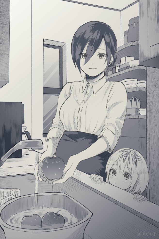 2girls, apple, apron, artist_name, black_apron, black_hair, bucket, closed_mouth