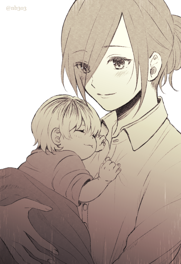 2girls, artist_name, baby, black_hair, blanket, blush, child, closed_eyes