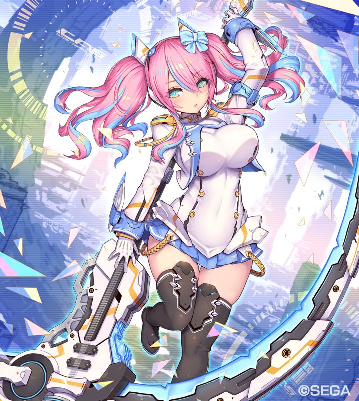 1girl, 2d, black_legwear, blue_background, blue_bow, blue_eyes, blue_skirt, blush