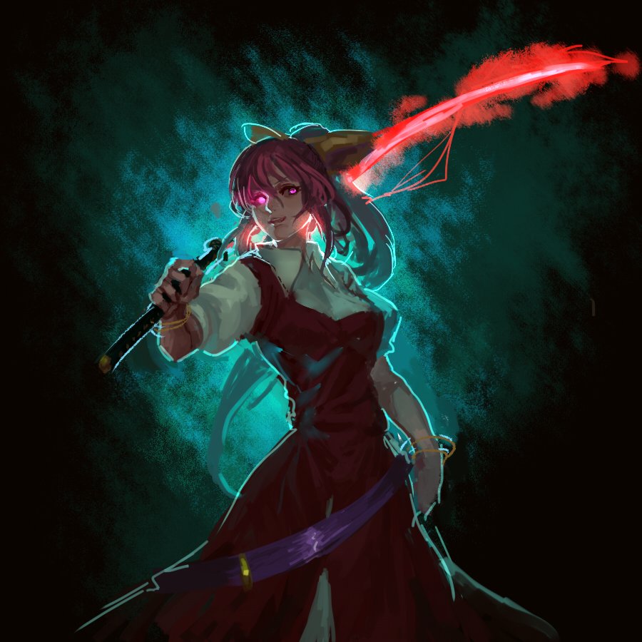 1girl, bangs, blue_background, bow, collared_shirt, commentary_request, dress, glowing, glowing_eye, hair_between_eyes, hair_bow, holding, holding_sword, holding_weapon, inishie_kumo, long_dress, long_hair, looking_at_viewer, over_shoulder, pink_eyes, pink_hair, ponytail, red_dress, scabbard, sheath, shirt, short_sleeves, smile, solo, standing, sword, touhou, watatsuki_no_yorihime, weapon, weapon_over_shoulder, white_shirt, wing_collar, yellow_bow