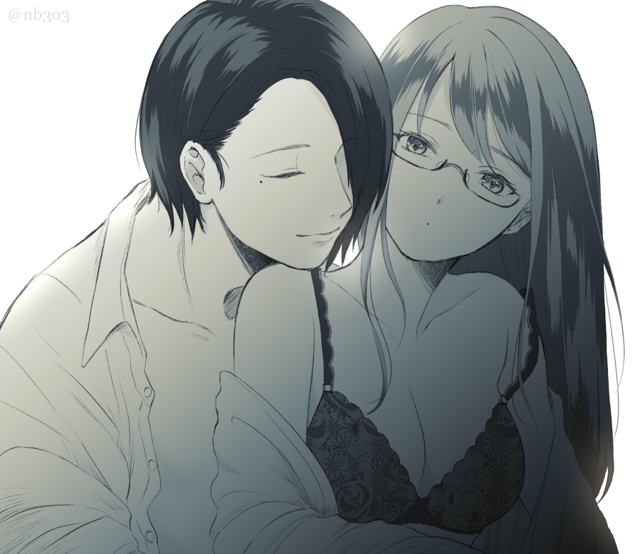 1boy, 1girl, artist_name, bangs, bare_shoulders, black_hair, bra, breasts, closed_eyes, closed_mouth, collarbone, ears, eyebrows_visible_through_hair, furuta_nimura, glasses, greyscale, hair_between_eyes, hair_over_one_eye, head_on_shoulder, hug, kamishiro_rize, large_breasts, long_hair, mole, mole_under_eye, monochrome, nabe-box, open_eyes, parted_bangs, shadow, shirt, short_hair, simple_background, smile, tokyo_ghoul, tokyo_ghoul:re, underwear, white_background, white_shirt