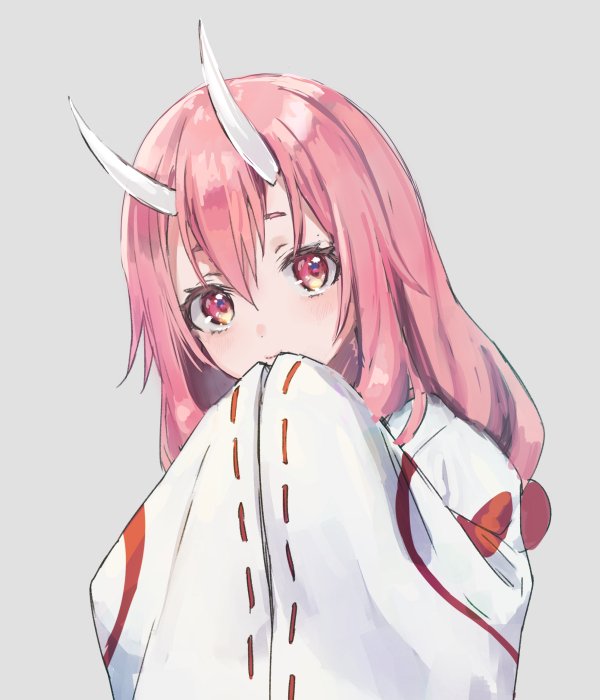 1girl, blush, commentary_request, grey_background, hands_in_opposite_sleeves, head_tilt, horns, japanese_clothes
