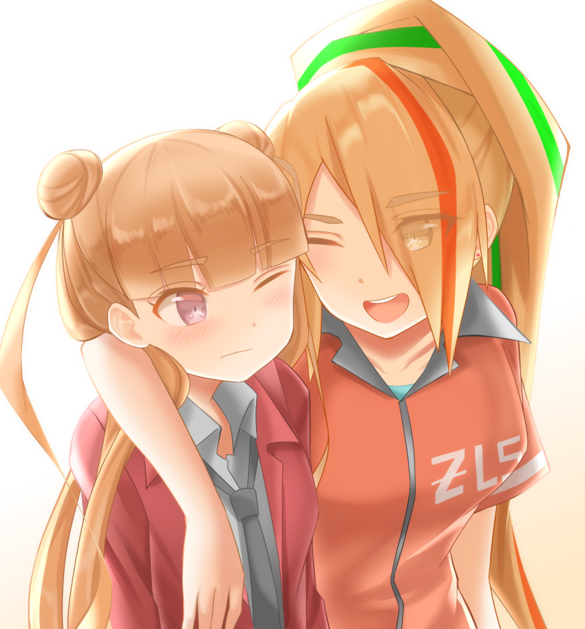 2girls, amabuki_maria, arm_around_shoulder, blonde_hair, brown_hair, double_bun, earrings, eyebrows_visible_through_hair