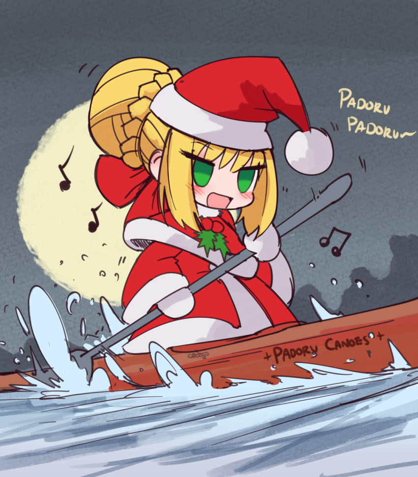 1girl, :d, beamed_eighth_notes, blonde_hair, blush, boat, bow, canoe, capelet, ceroblitz, chibi, christmas, commentary, dress, eighth_note, english, english_commentary, eyebrows_visible_through_hair, fate/extra, fate/grand_order, fate_(series), green_eyes, hair_bun, hat, highres, long_hair, long_sleeves, looking_at_viewer, meme, moon, music, musical_note, nero_claudius_(fate), nero_claudius_(fate)_(all), night, open_mouth, outdoors, padoru, red_bow, romaji, saber_extra, santa_costume, santa_hat, shaft_(studio), singing, sky, smile, solo, type-moon, water, watercraft