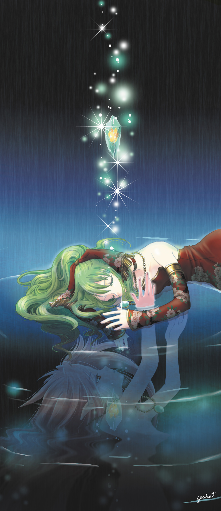 closed_eyes, crystal, detached_sleeves, dual_persona, esper, final_fantasy, final_fantasy_vi, green_hair, highres, jewelry, magicite, monster_girl, necklace, pink_hair, pink_skin, pointy_ears, ribbon, terra_branford, tina_branford, trance_tina_branford, water