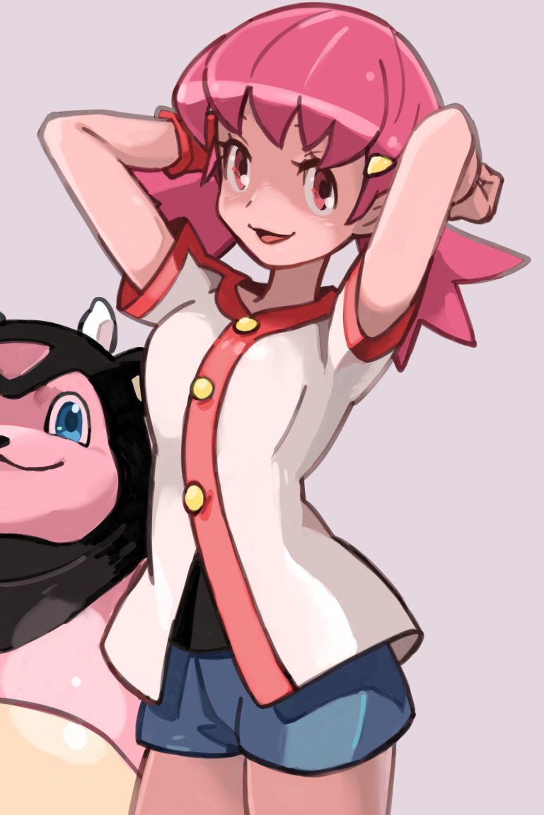 1girl, :d, akane_(pokemon), american_dog_wo, arms_behind_head, arms_up, bangs, blue_shorts