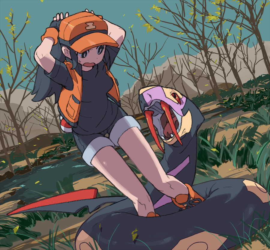 1girl, american_dog_wo, arms_up, baseball_cap, black_eyes, black_gloves, black_hair, black_shirt