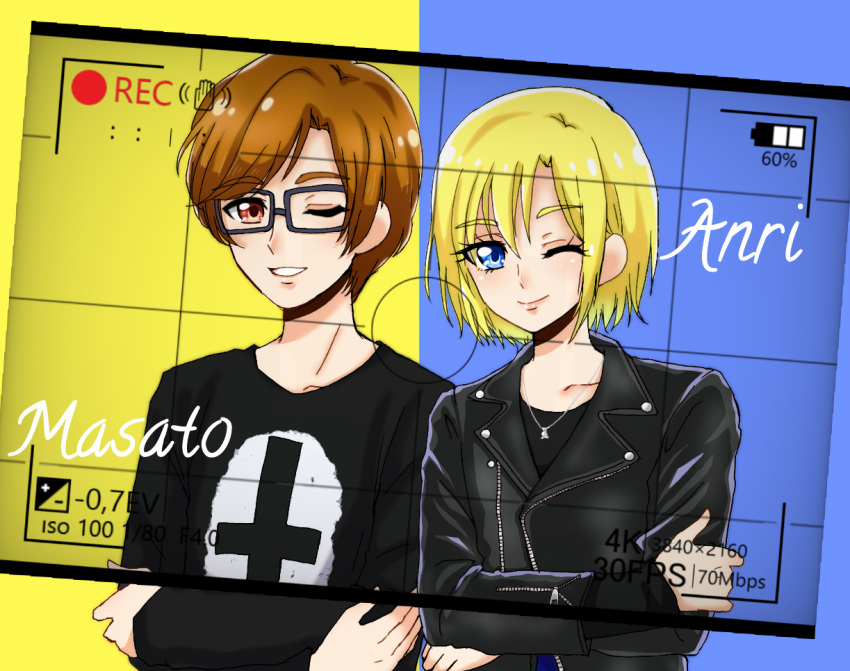 2boys, aisaki_masato, androgynous, battery_indicator, blonde_hair, blue_eyes, bob_cut, brown_eyes