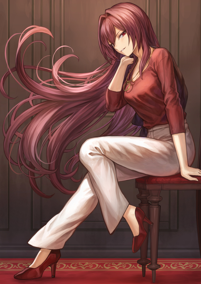 1girl, arm_support, bangs, blouse, breasts, brown_jacket, carpet, casual