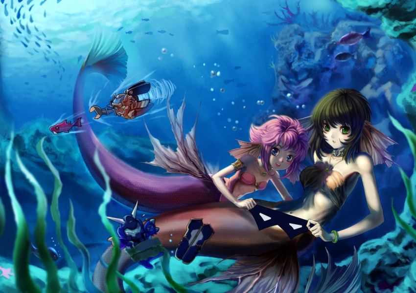 brown_hair, fish, green_eyes, gunleon, head_fins, headfins, jewelry, long_hair