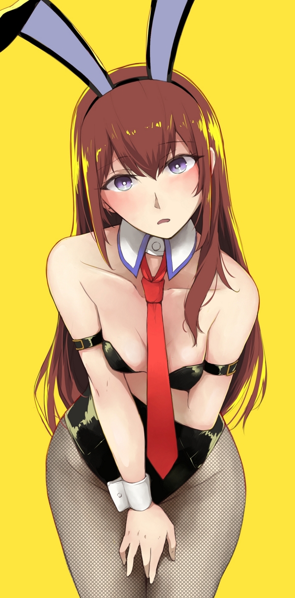 animal_ears, arm_strap, bare_shoulders, black_legwear, blush, breasts, brown_hair, bunny_girl