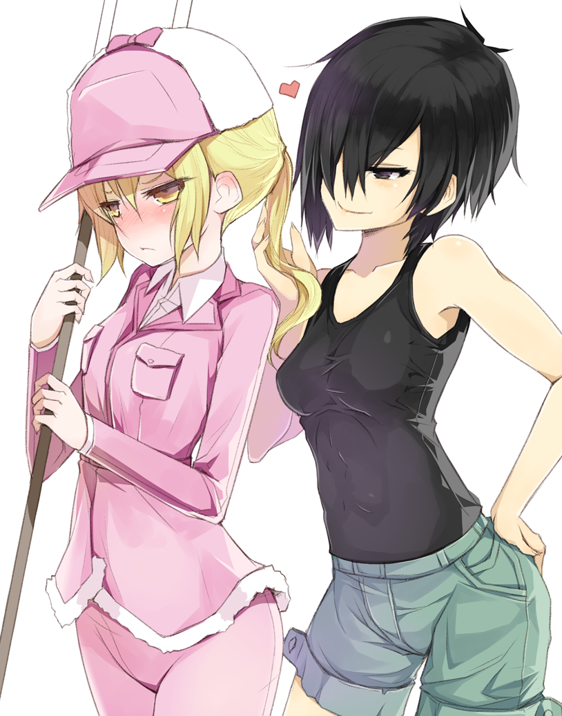 2girls, abs, arashiya, bare_shoulders, baseball_cap, black_eyes, black_hair, black_tank_top