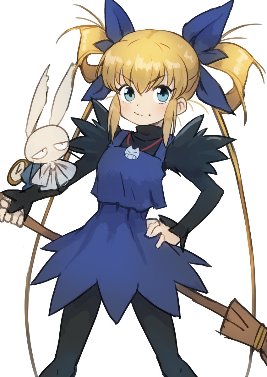 1girl, black_legwear, blonde_hair, blue_eyes, broom, gazacy_(dai), gunbird, hair_ribbon
