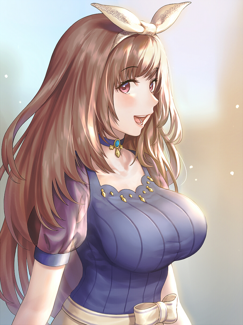 1girl, :d, blurry, blurry_background, blush, bow, breasts, brown_hair
