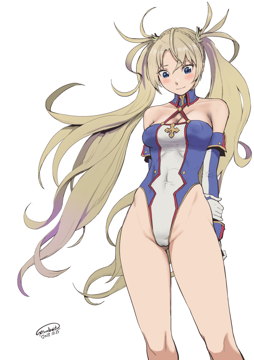 1girl, arm_behind_back, bangs, blonde_hair, blue_eyes, blush, bradamante_(fate/grand_order), braid, breasts, cleavage, commentary, elbow_gloves, erect_nipples, fate/grand_order, fate_(series), french_braid, gesundheit_(artist), gloves, hand_on_own_arm, highres, leotard, long_hair, medium_breasts, navel, simple_background, skin_tight, solo, thighs, twintails, very_long_hair, white_background