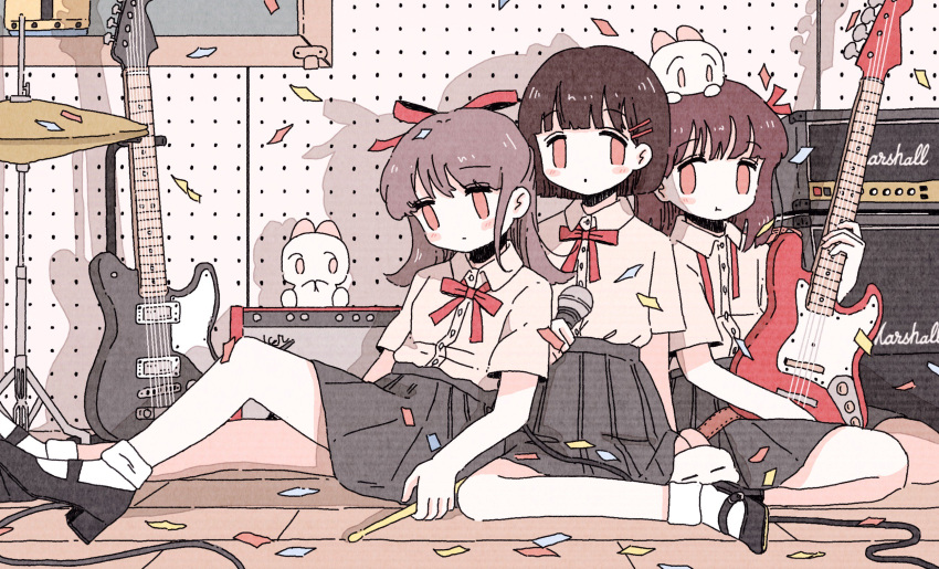 3girls, bangs, black_footwear, black_hair, black_skirt, blunt_bangs, brown_hair, collared_shirt