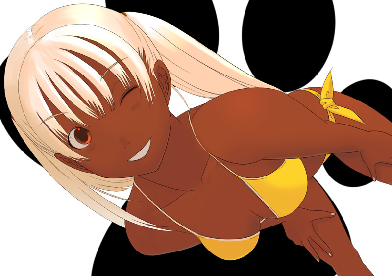bikini, dark_skin, long_hair, original, red_eyes, side-tie_bikini, souldeep, swimsuit, twintails, wink