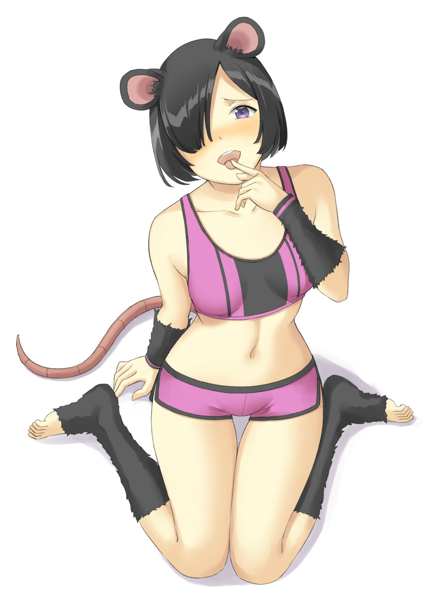 1girl, absurdres, aemu_(august_life), animal_ears, bare_shoulders, barefoot, black_hair, blush