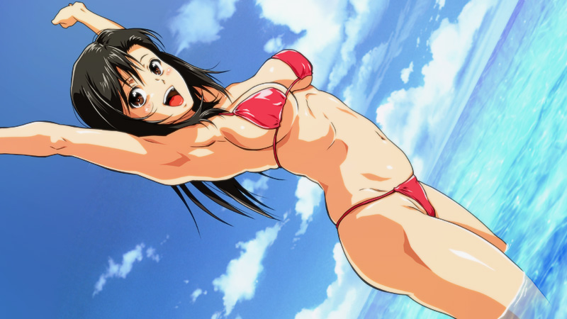 1girl, arms_up, bikini, black_hair, blue_sky, breasts, brown_eyes, clouds
