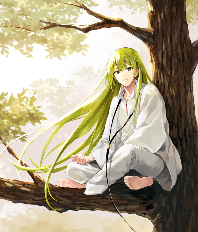 1other, androgynous, bangs, barefoot, black_neckwear, enkidu_(fate/strange_fake), fate/grand_order, fate/strange_fake