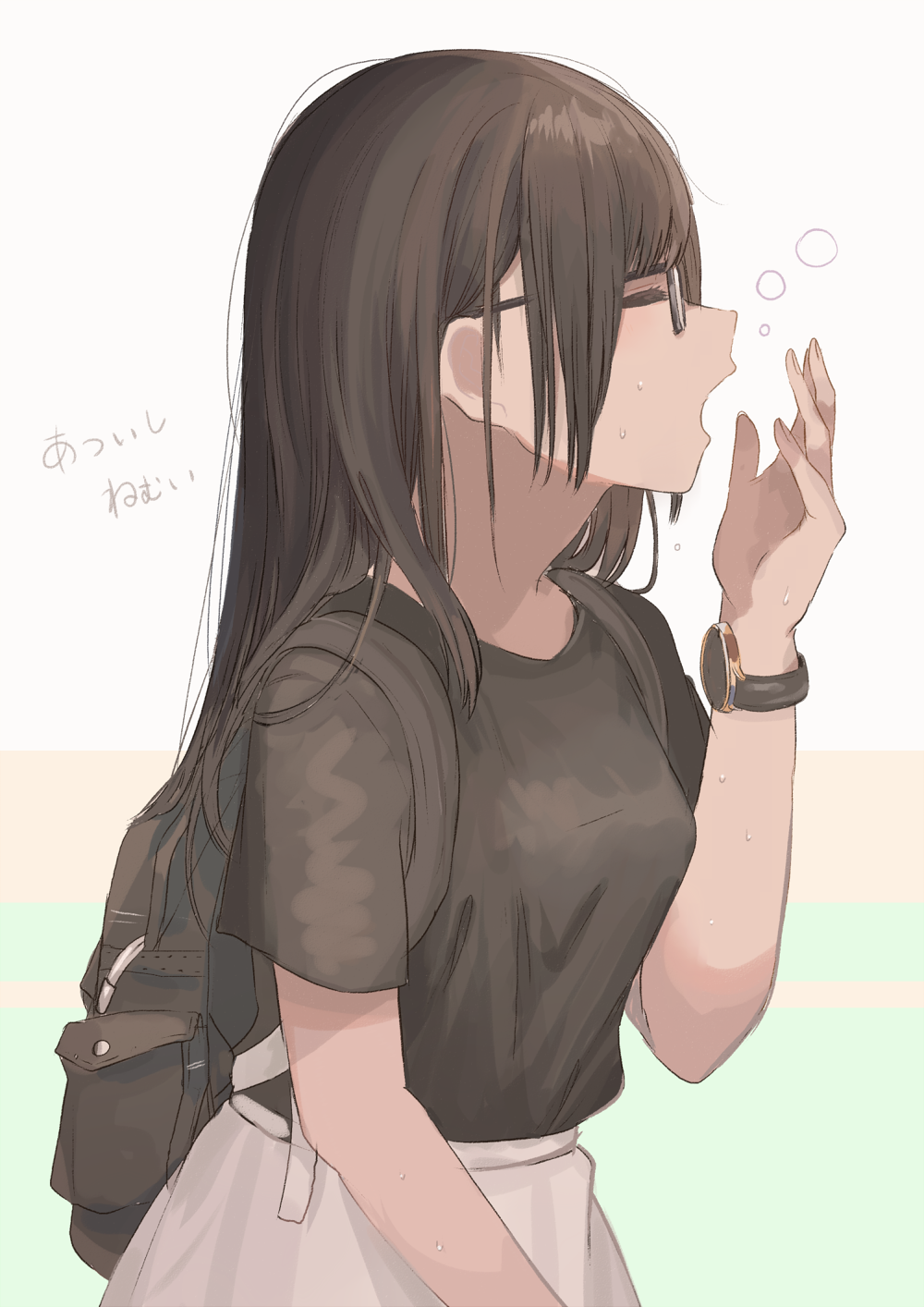 1girl, backpack, bag, bangs, black-framed_eyewear, black_hair, black_shirt, breasts