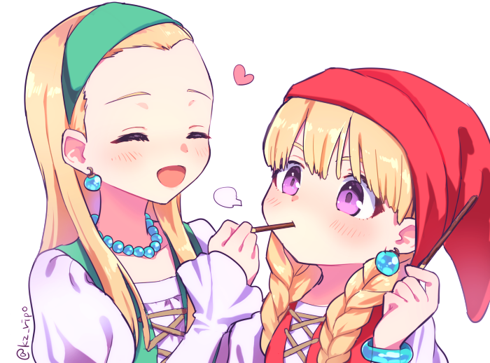 2girls, :d, blonde_hair, blush, braid, closed_eyes, closed_mouth, collarbone