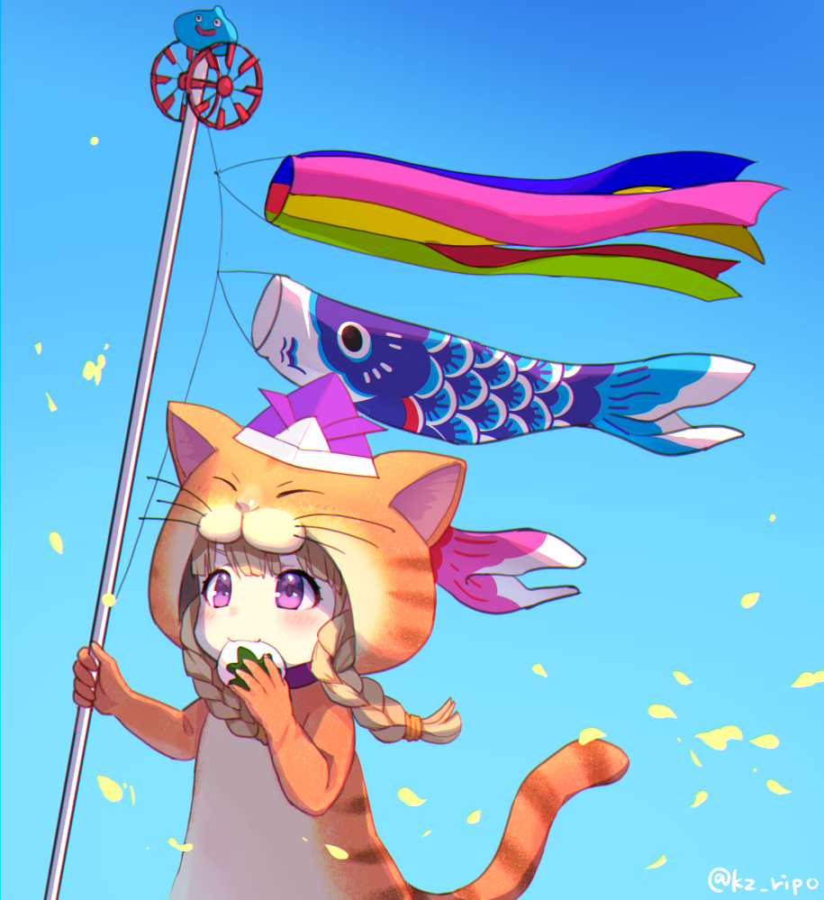 1girl, animal_costume, animal_ears, animal_hood, blonde_hair, blue_sky, blush, braid