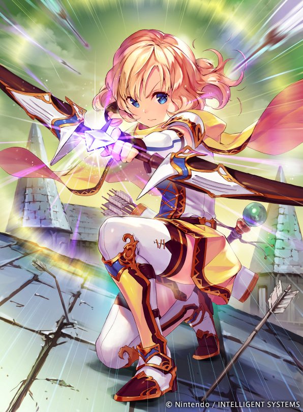 1girl, arrow, blonde_hair, blue_eyes, bow_(weapon), closed_mouth, clouds, company_name, copyright_name, fingerless_gloves, fire_emblem, fire_emblem:_mystery_of_the_emblem, fire_emblem_cipher, full_body, gloves, hmk84, holding, holding_bow_(weapon), holding_weapon, nintendo, official_art, one_knee, quiver, short_hair, sky, solo, staff, thigh-highs, weapon, yumina_(fire_emblem)