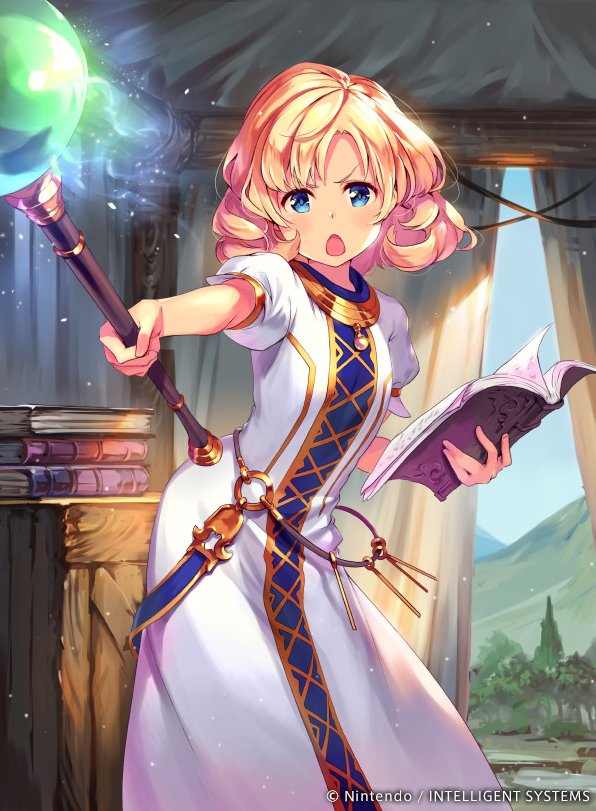1girl, blonde_hair, blue_eyes, book, company_name, copyright_name, dress, fire_emblem