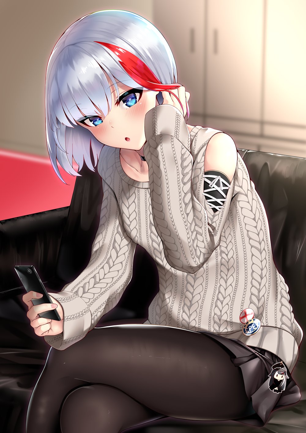1girl, 3104_(3104milkshake), :o, admiral_graf_spee_(azur_lane), aran_sweater, azur_lane, bangs, black_choker