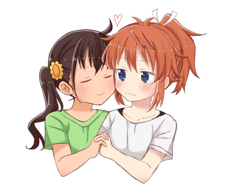 2girls, bangs, blue_eyes, blush, brown_hair, closed_eyes, closed_mouth, commentary_request
