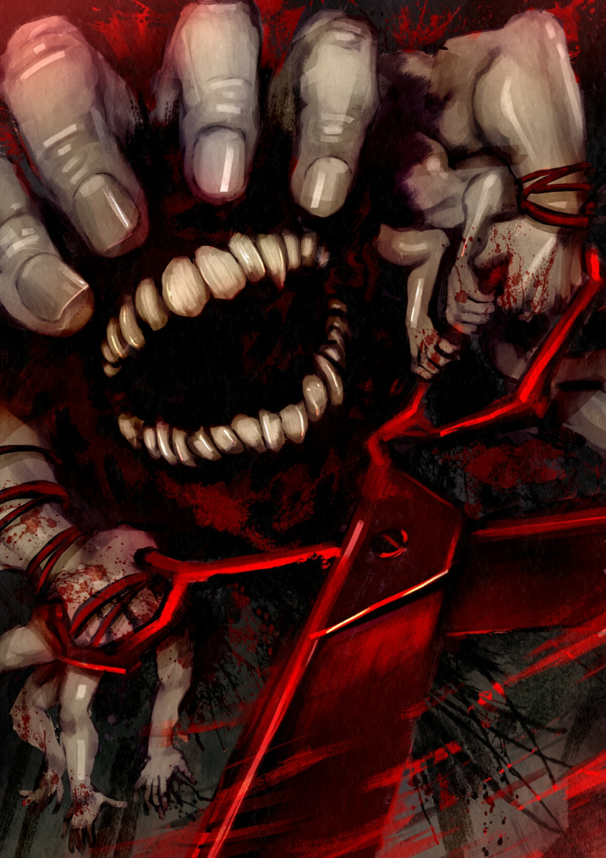 blood, blood_splatter, blood_stain, extra_arms, fingernails, highres, holding, holding_scissors
